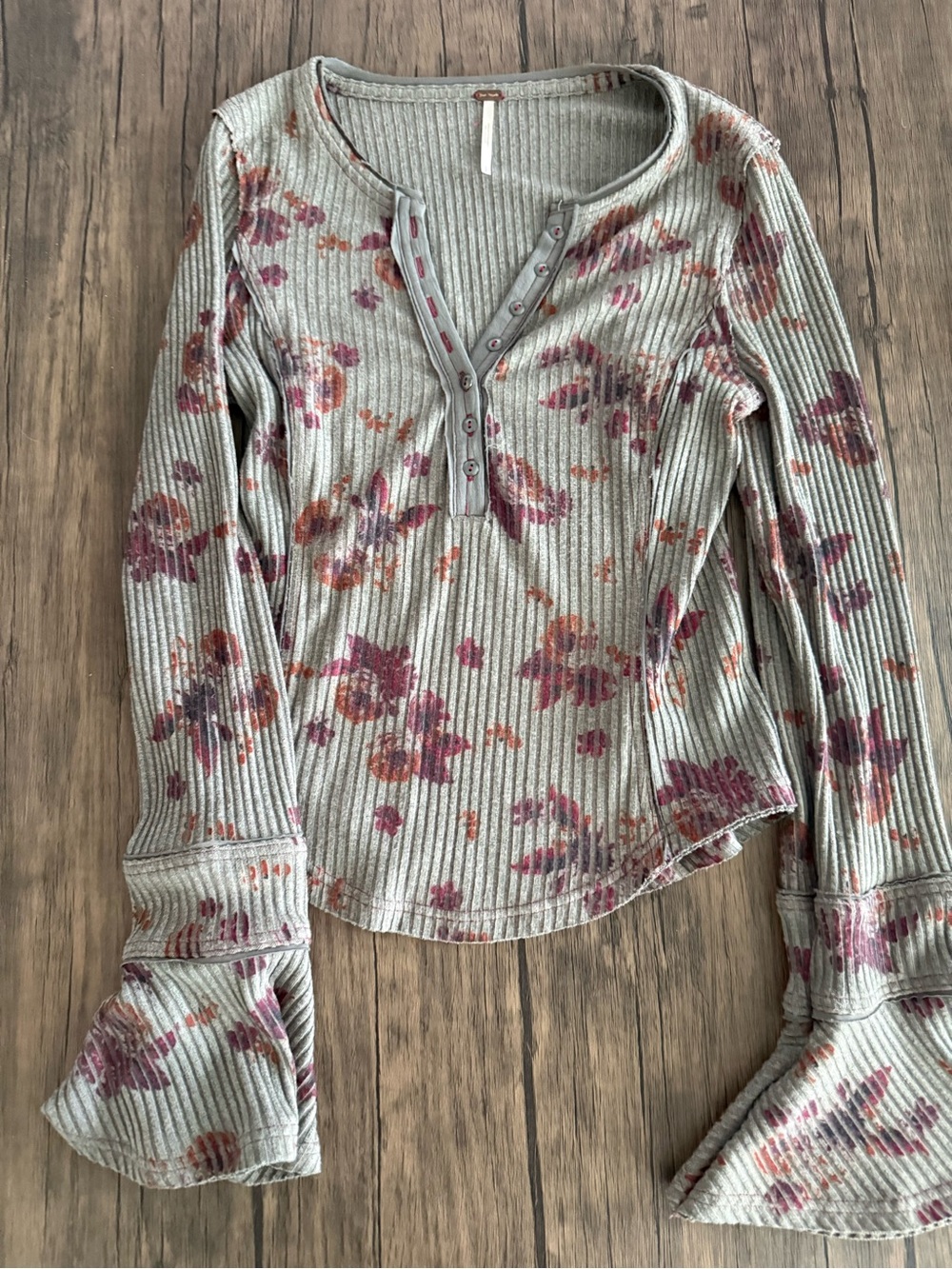 Free People Sage Waffle-Knit Henley with Rose Print